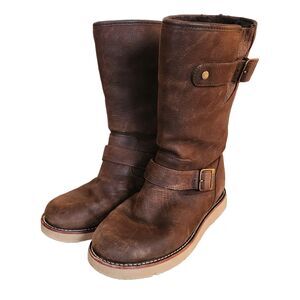 UGG Kensington 5678 Brown Leather Shearling Lined Buckle Moto Boots Women Size 6